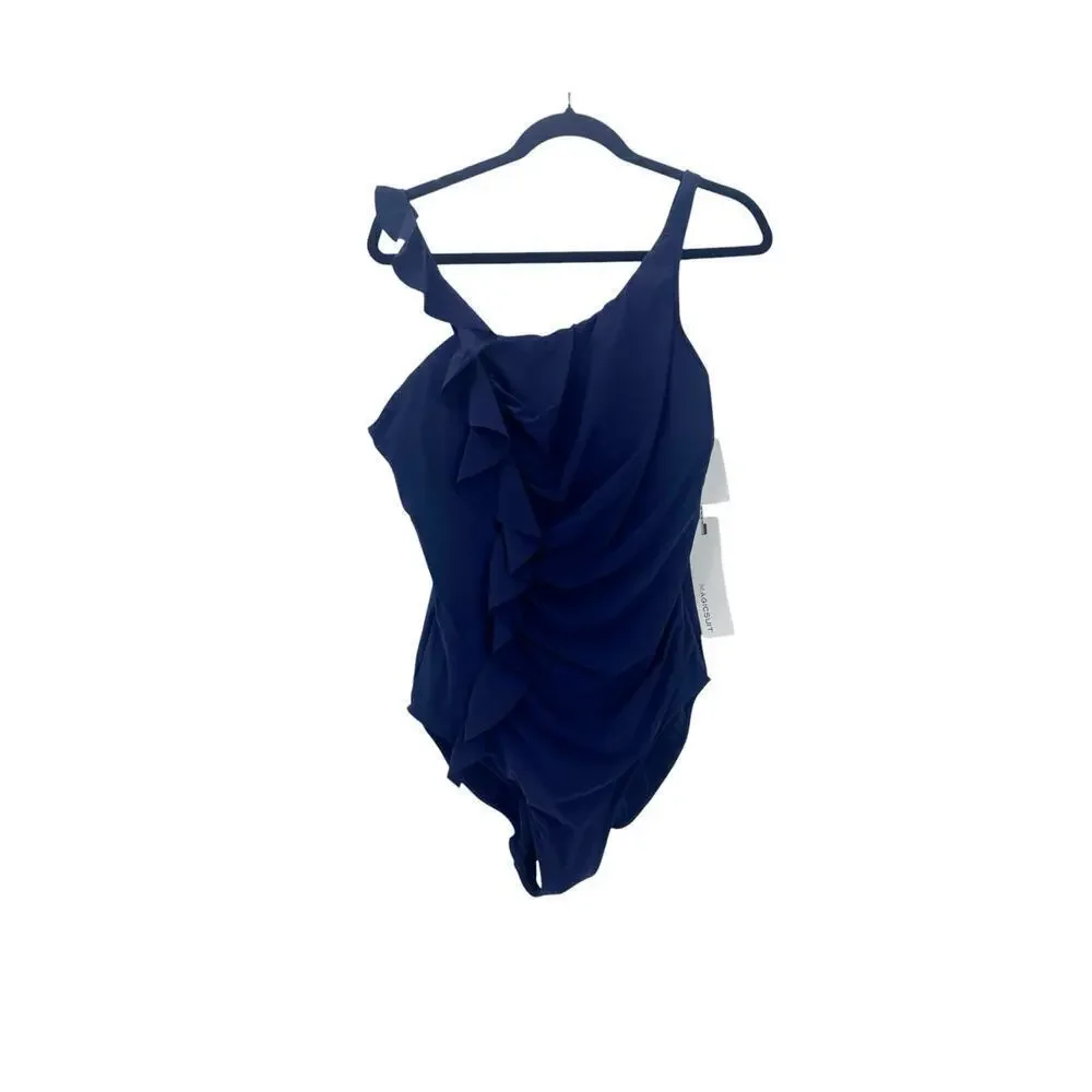 Magicsuit One-Shoulder Ruffle One Piece Swimsuit in Navy Blue Size 16 NWT